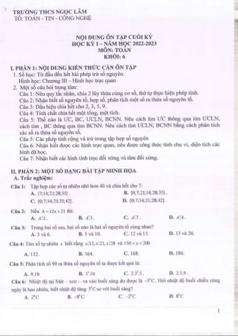 Nội dung ôn tập cuối học kì 1 Toán Lớp 6 - Năm học 2022-2023 - Trường THCS Ngọc Lâm