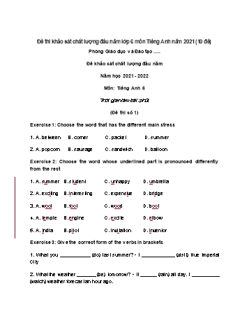 3 Đề khảo sát chất lượng đầu năm Tiếng Anh Lớp 6 - Năm học 2021-2022 (Có đáp án)