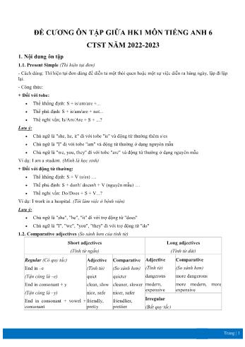 Đề cương ôn tập giữa học kì 1 Tiếng Anh Lớp 6 (Sách Chân trời sáng tạo) - Năm học 2022-2023