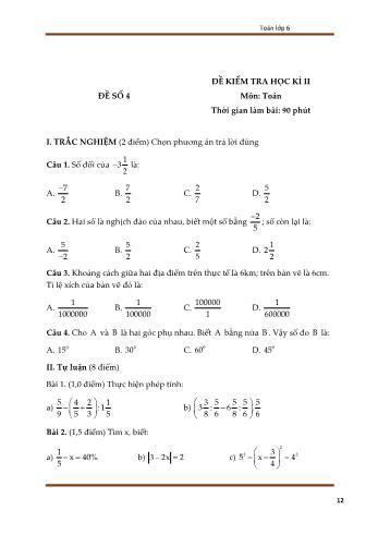 Đề kiểm tra học kì 2 Toán Lớp 6 - Đề số 4 (Có đáp án)