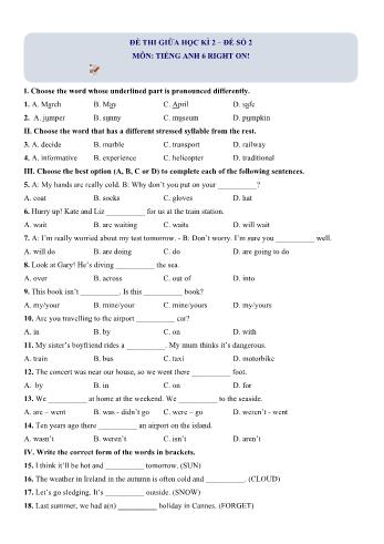 Đề thi giữa học kì 2 Tiếng Anh Lớp 6 (Right on) - Đề số 2 (Có hướng dẫn giải)
