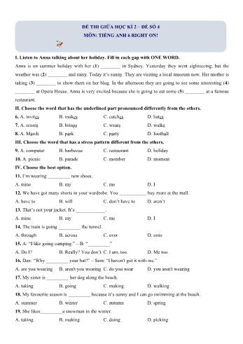 Đề thi giữa học kì 2 Tiếng Anh Lớp 6 (Right on) - Đề số 4 (Có hướng dẫn giải)