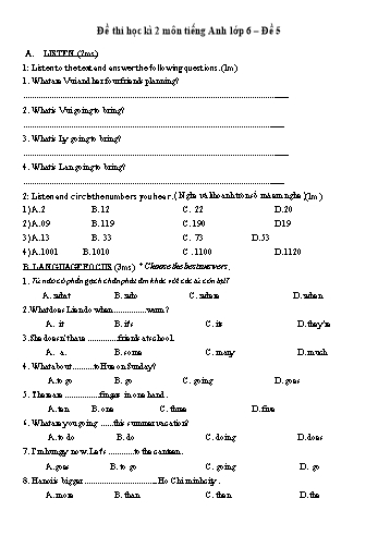 Đề thi học kì 2 Tiếng Anh Lớp 6 - Đề 5 (Kèm đáp án và ma trận)