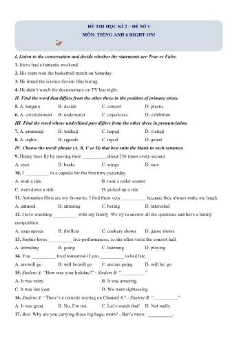 Đề thi học kì 2 Tiếng Anh Lớp 6 (Right on) - Đề số 1 (Có hướng dẫn giải)