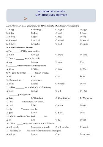 Đề thi học kì 2 Tiếng Anh Lớp 6 (Right on) - Đề số 5 (Có hướng dẫn giải)