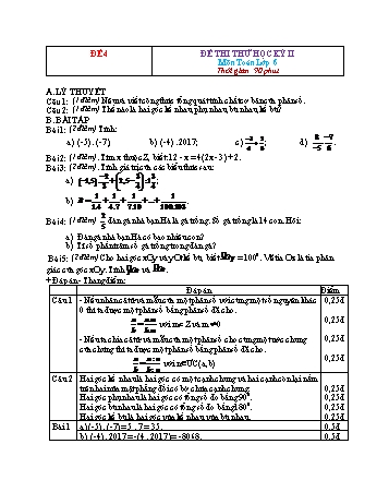 Đề thi thử học kì 2 môn Toán Lớp 6 - Đề 4 (Có đáp án)