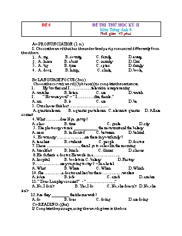 Đề thi thử học kì 2 Tiếng Anh Lớp 6 - Đề 6 (Có đáp án)