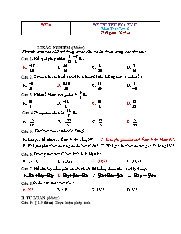 Đề thi thử học kì 2 Toán Lớp 6 - Đề 10 (Có đáp án)