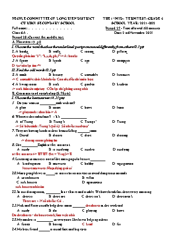 Đề kiểm tra giữa học kì I môn Tiếng Anh Lớp 6 - Năm học 2021-2022 - Đào Thị Ngọc Bích (Có đáp án)