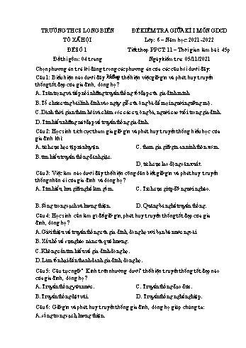 Đề kiểm tra giữa kì I môn Giáo dục công dân Lớp 6 - Năm học 2021-2022 - Trường THCS Long Biên