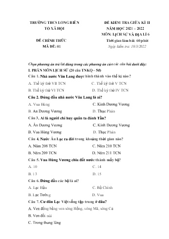 Đề kiểm tra giữa kì II môn Lịch sử và Địa lí Lớp 6 - Năm học 2021-2022 - Trường THCS Long Biên