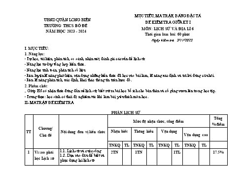 Đề kiểm tra giữa kỳ I môn Lịch sử và Địa lí Lớp 6 - Năm học 2023-2024 - Lý Thị Hậu(Có đáp án)