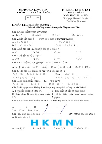 Đề kiểm tra học kỳ I môn Toán Lớp 6 - Năm học 2023-2024 - Trường THCS Lê Quý Đôn - Mã đề 601