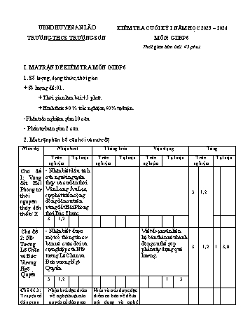 Đề kiểm tra cuối học kỳ I môn Giáo dục địa phương Lớp 6 - Năm học 2023-2024 - Trường THCS Trường Sơn (Có đáp án)