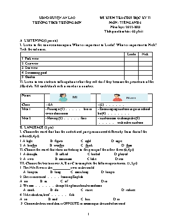 Đề kiểm tra cuối học kỳ II môn Tiếng Anh Lớp 6 - Năm học 2022-2023 - Trường THCS Trường Sơn (Có đáp án)