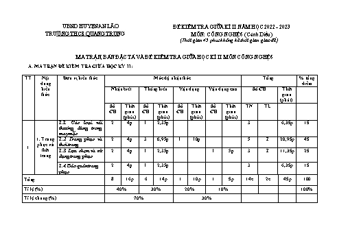 Đề kiểm tra giữa kì II môn Công nghệ Lớp 6 (Cánh diều) - Năm học 2022-2023 - Vũ Thanh Hải (Có đáp án)
