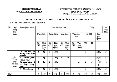 Đề kiểm tra giữa kì II môn Công nghệ Lớp 6 - Năm học 2022-2023 - Vũ Thị Hương Thảo (Có đáp án)