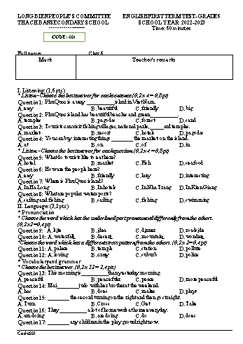 Đề kiểm tra cuối học kì I môn Tiếng Anh Lớp 6 - Năm học 2022-2023 - Lê Thị Thuỷ (Có đáp án)