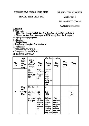 Đề kiểm tra cuối kì I môn Tin học Lớp 6 - Năm học 2021-2022 - Trường THCS Phúc Lợi (Có đáp án)