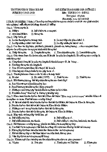 Đề kiểm tra đánh giá giữa kì I môn Tin học Lớp 6 - Năm học 2023-2024 - Nguyễn Minh Hiện - Mã đề 611 (Có đáp án)