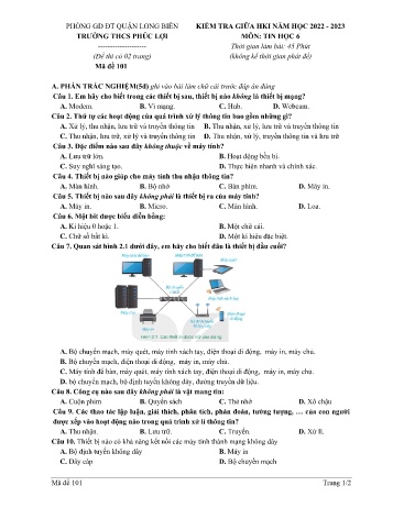 Đề kiểm tra giữa học kì I môn Tin học Lớp 6 - Năm học 2022-2023 - Trường THCS Phúc Lợi