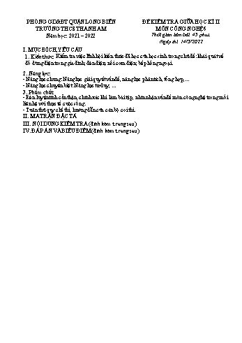 Đề kiểm tra giữa học kì II môn Công nghệ Lớp 6 - Năm học 2021-2022 - Trường THCS Thanh Am (Có đáp án)