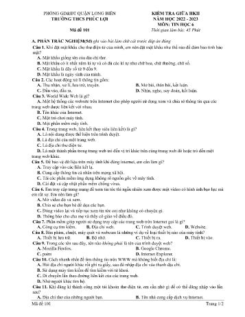 Đề kiểm tra giữa học kì II môn Tin học Lớp 6 - Năm học 2022-2023 - Trường THCS Phúc Lợi