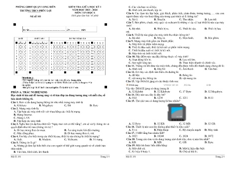 Đề kiểm tra giữa học kỳ I môn Tin học Lớp 6 - Năm học 2023-2024 - Trường THCS Phúc Lợi - Mã đề 101