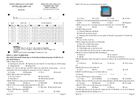 Đề kiểm tra giữa học kỳ I môn Tin học Lớp 6 - Năm học 2023-2024 - Trường THCS Phúc Lợi - Mã đề 103