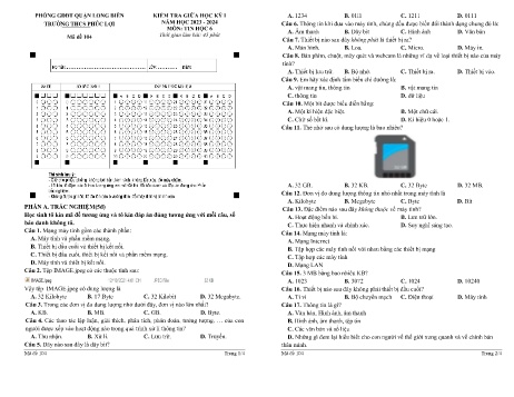 Đề kiểm tra giữa học kỳ I môn Tin học Lớp 6 - Năm học 2023-2024 - Trường THCS Phúc Lợi - Mã đề 104