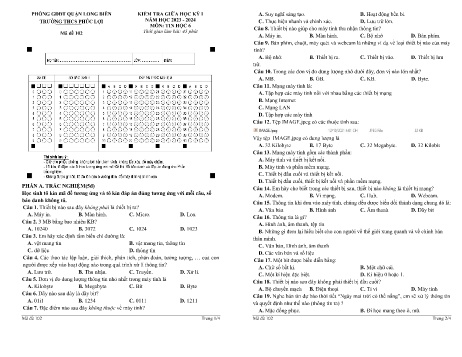 Đề kiểm tra giữa học kỳ I môn Tin học Lớp 6 - Năm học 2023-2024 - Trường THCS Phúc Lợi - Mã đề 102