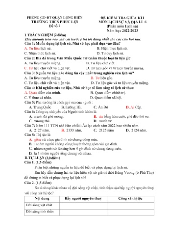 Đề kiểm tra giữa kì I môn Lịch sử và Địa lí Lớp 6 - Năm học 2022-2023 - Ngô Hương Quỳnh (Có đáp án)