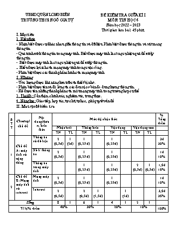 Đề kiểm tra giữa kì I môn Tin học Lớp 6 (Kết nối tri thức và cuộc sống) - Năm học 2022-2023 - Hoàng Thị Huyền (Có đáp án)