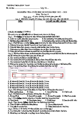 Bài kiểm tra cuối học kì II môn Tin học Lớp 6 - Năm học 2022-2023 - Trường THCS Quán Toan (Có đáp án)
