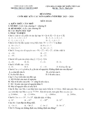 Đề cương cuối học kỳ I các môn Khối 6 - Năm học 2023-2024 - Trường THCS Lý Thường Kiệt