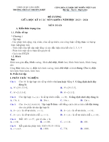 Đề cương giữa học kỳ I các môn Khối 6 - Năm học 2023-2024 - Trường THCS Lý Thường Kiệt