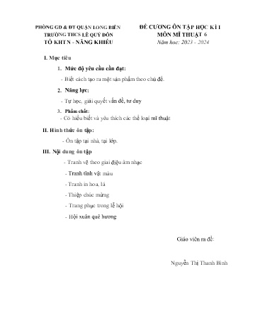 Đề cương ôn tập học kì I môn Mĩ thuật Lớp 6 - Năm học 2023-2024 - Nguyễn Thị Thanh Bình (Có đáp án)