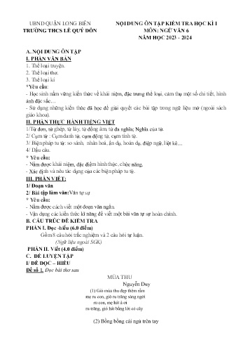 Đề cương ôn tập kiểm tra học kì I môn Ngữ văn Lớp 6 - Năm học 2023-2024 - Vũ Thị Thu Hà (Có đáp án)