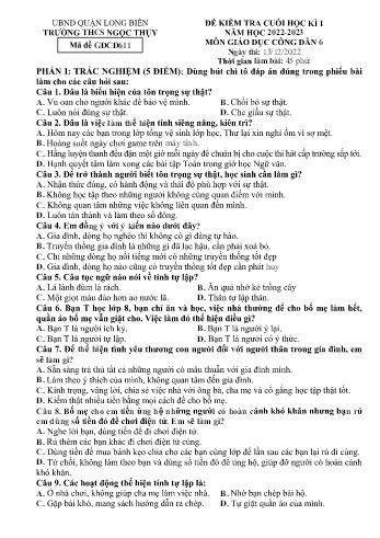 Đề kiểm tra cuối học kì I môn Giáo dục công dân Lớp 6 - Năm học 2022-2023 - Trường THCS Ngọc Thụy