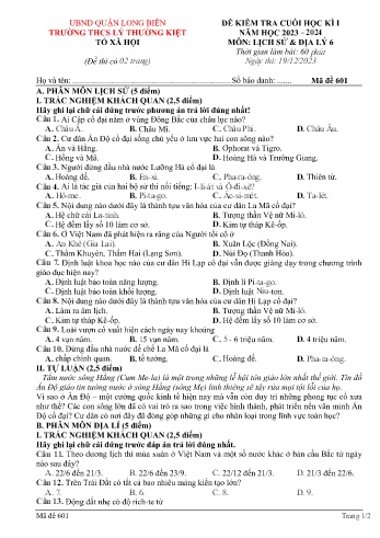 Đề kiểm tra cuối học kì I môn Lịch sử & Địa lý Lớp 6 - Năm học 2023-2024 - Trường THCS Lý Thường Kiệt