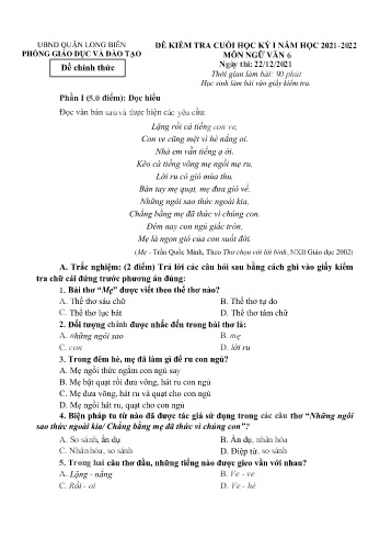 Đề kiểm tra cuối học kì I môn Ngữ văn Lớp 6 - Năm học 2021-2022 (Có đáp án)