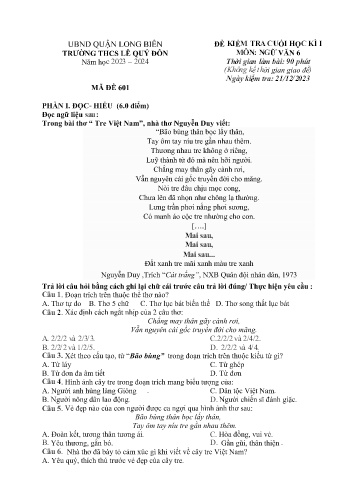 Đề kiểm tra cuối học kì I môn Ngữ văn Lớp 6 - Năm học 2023-2024 - Trường THCS Lê Quý Đôn