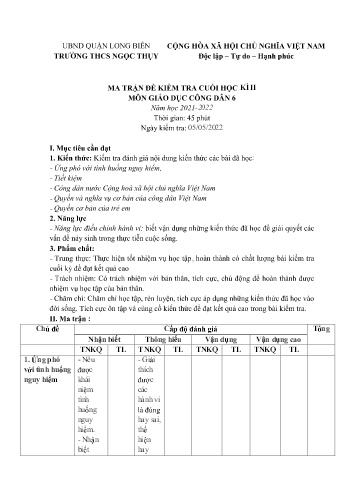 Đề kiểm tra cuối học kì II môn Giáo dục công dân Lớp 6 - Năm học 2021-2022 - Đặng Thị Mai Trang (Có đáp án)