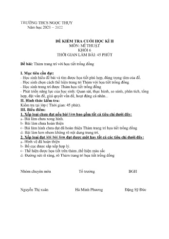 Đề kiểm tra cuối học kì II môn Mĩ thuật Lớp 6 - Năm học 2021-2022 - Nguyễn Thị Xuân (Có đáp án)