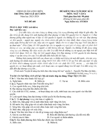 Đề kiểm tra cuối học kì II môn Ngữ văn Lớp 6 - Năm học 2023-2024 - Trường THCS Lê Quý Đôn