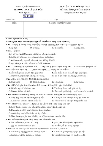 Đề kiểm tra cuối học kỳ I môn Giáo dục công dân Lớp 6 - Năm học 2022-2023 - Trường THCS Lê Quý Đôn
