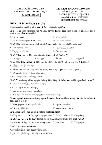 Đề kiểm tra cuối học kỳ I môn Lịch sử & Địa lí Lớp 6 - Năm học 2022-2023 - Trường THCS Ngọc Thụy