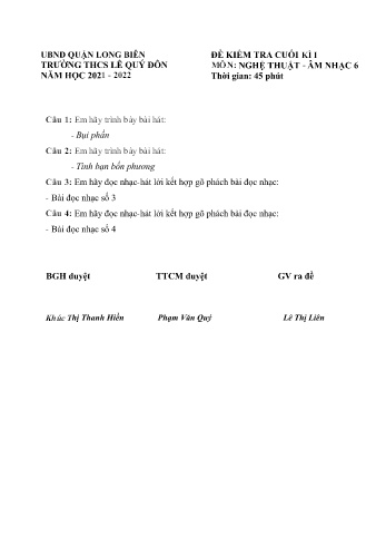 Đề kiểm tra cuối kì I môn Âm nhạc Lớp 6 - Năm học 2021-2022 - Lê Thị Liên