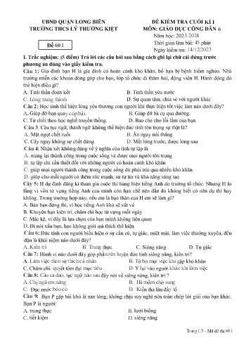 Đề kiểm tra cuối kì I môn Giáo dục công dân Lớp 6 - Năm học 2023-2024 - Trường THCS Lý Thường Kiệt