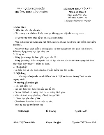 Đề kiểm tra cuối kì I môn Mĩ thuật Lớp 6 - Năm học 2022-2023 - Nguyễn Thị Thanh Bình (Có đáp án)